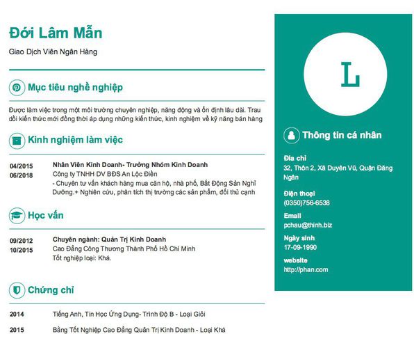 Mẫu CV Giao Dịch Viên Ngân Hàng