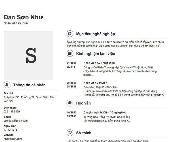 Mẫu CV Nhân viên kỹ thuật