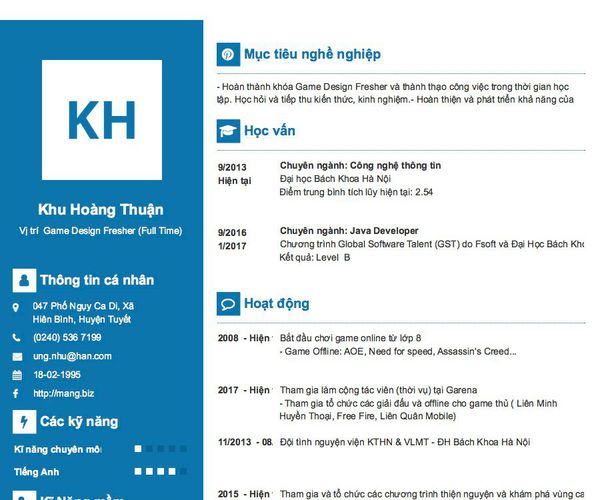 Mẫu CV Vị trí  Game Design Fresher (Full Time)
