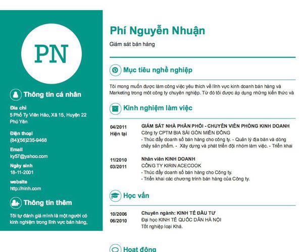 Mẫu CV Giám sát bán hàng