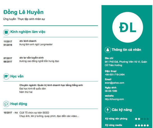Mẫu CV Ứng tuyển  Thực tập sinh nhân sự