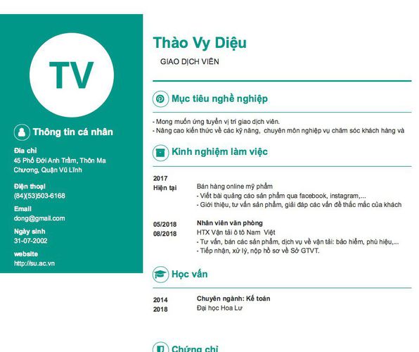 Mẫu CV     GIAO DỊCH VIÊN