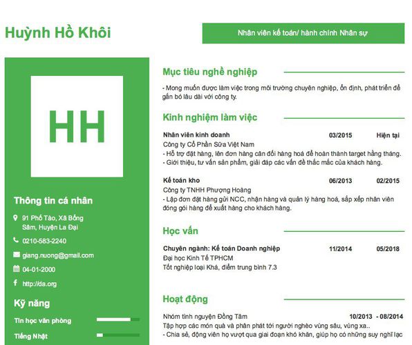 Mẫu CV Nhân viên kế toán/ hành chính Nhân sự