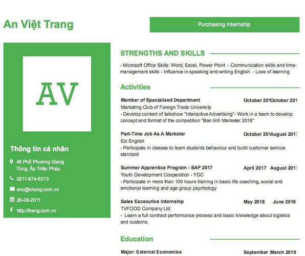 Mẫu CV Purchasing Internship