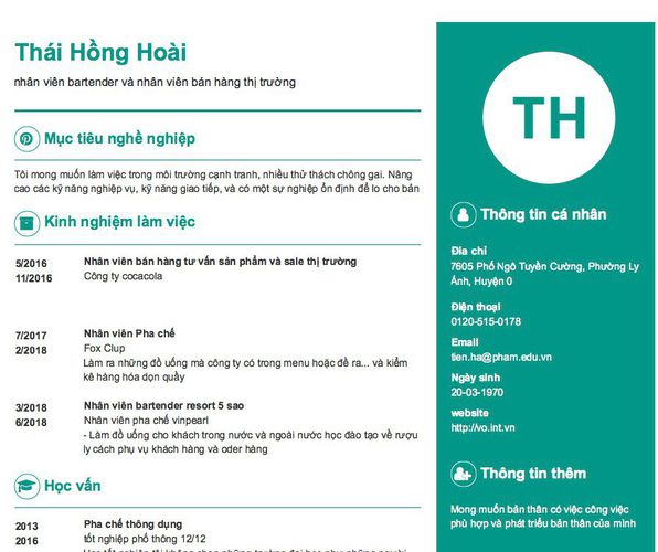 Gợi ý cách viết Mẫu CV tham khảo nhân viên bartender và nhân viên bán hàng thị trường