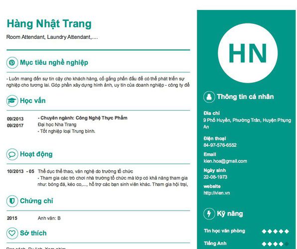 Mẫu CV Room Attendant, Laundry Attendant,....
