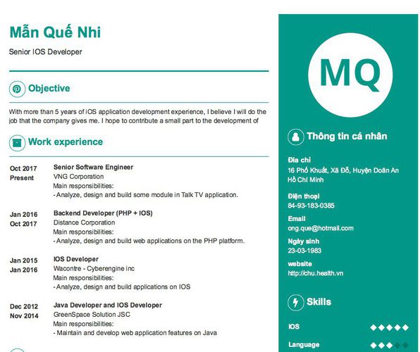Mẫu CV Senior IOS Developer