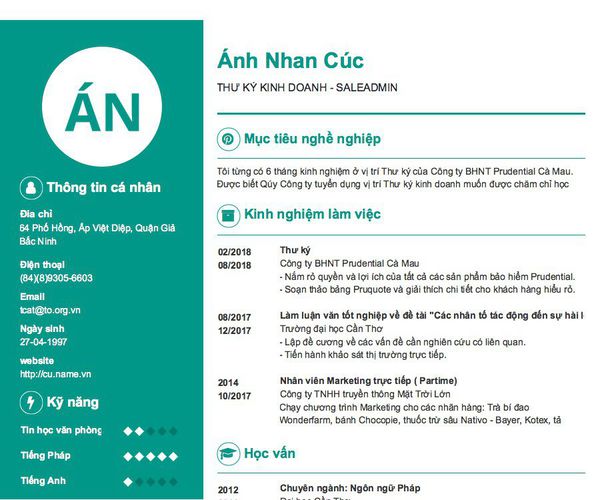 Mẫu CV THƯ KÝ KINH DOANH - SALEADMIN