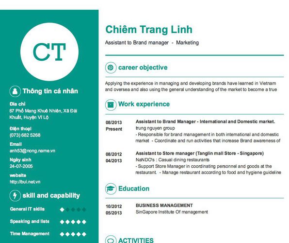 Mẫu CV Assistant to Brand manager  -  Marketing