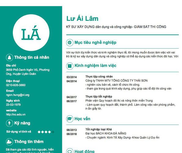 Gợi ý cách viết Mẫu CV tham khảo KỸ SƯ XÂY DỰNG dân dụng và công nghiệp- GIÁM SÁT THI CÔNG