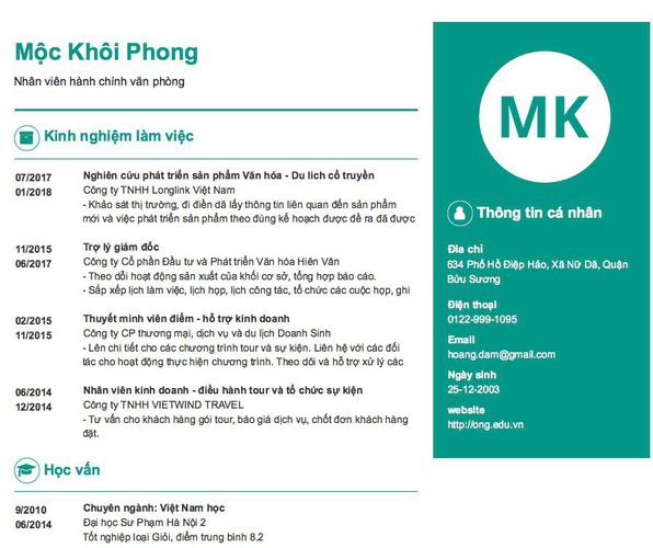 Mẫu CV Nhân viên hành chính văn phòng