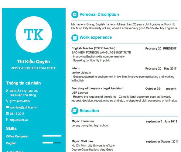 Mẫu CV APPLICATION FOR LEGAL STAFF