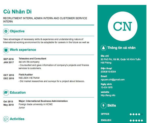 Mẫu CV RECRUITMENT INTERN, ADMIN INTERN AND CUSTOMER SERVICE INTERN