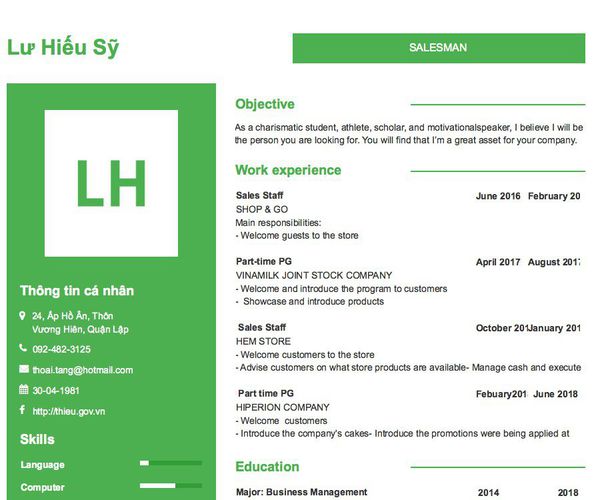 Gợi ý cách viết Mẫu CV tham khảo SALESMAN