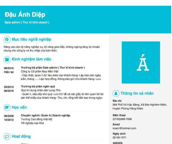 Mẫu CV Sale admin ( Thư kí kinh doanh )