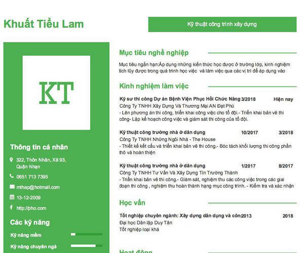 Mẫu CV Kỹ thuật công trình xây dựng