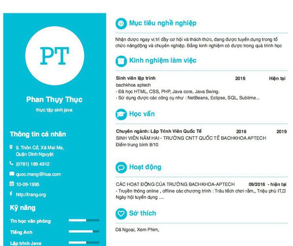 Mẫu CV thực tập sinh java
