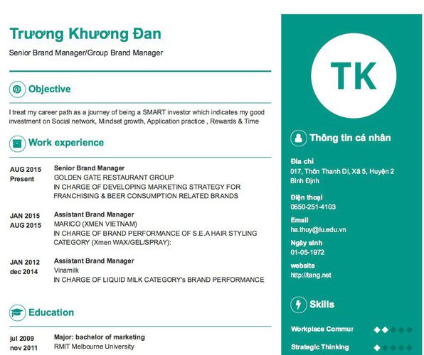 Mẫu CV Senior Brand Manager/Group Brand Manager