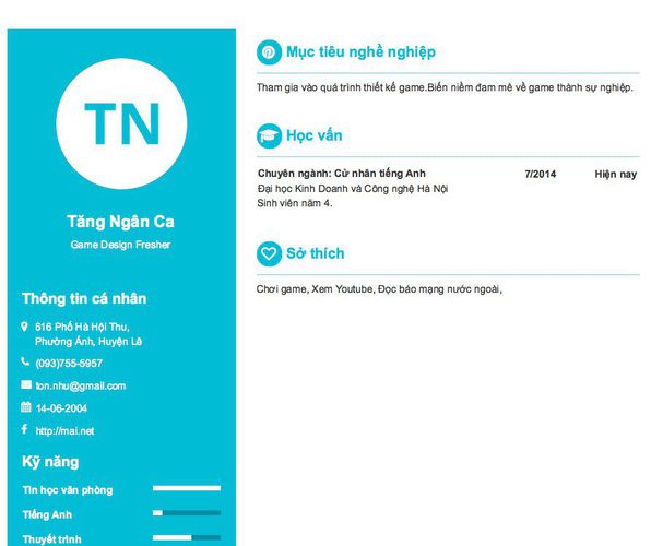 Mẫu CV Game Design Fresher