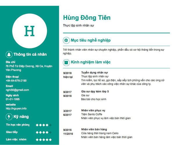 Mẫu CV Thực tập sinh nhân sự