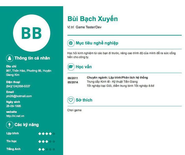 Mẫu CV Vị trí  Game Tester/Dev