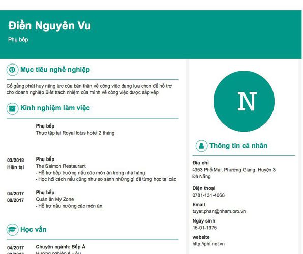 Mẫu CV Phụ bếp