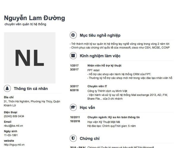 Mẫu CV chuyên viên quản trị hệ thống
