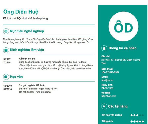 Mẫu CV Kế toán nội bộ/ hành chính văn phòng