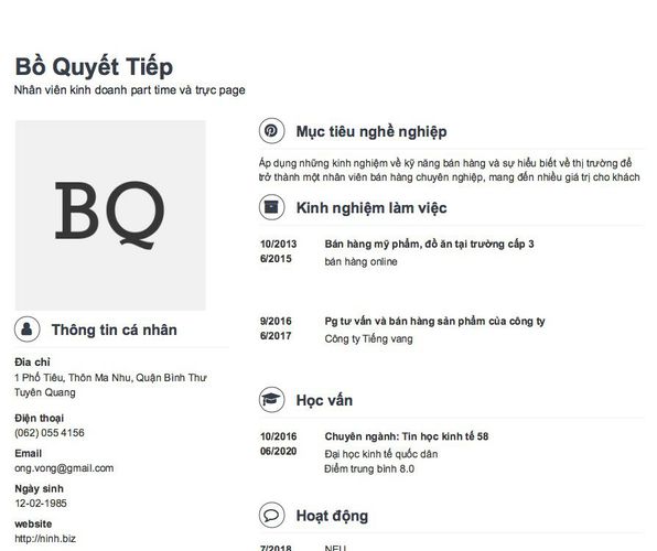 Gợi ý cách viết Mẫu CV tham khảo Nhân viên kinh doanh part time và trực page