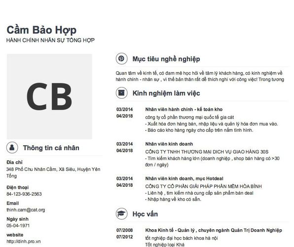 Mẫu CV HÀNH CHÍNH NHÂN SỰ TỔNG HỢP