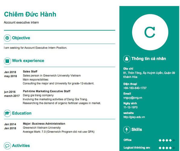 Mẫu CV Account executive intern