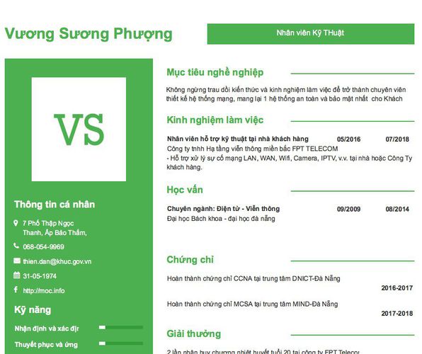 Mẫu CV Nhân viên Kỹ THuật