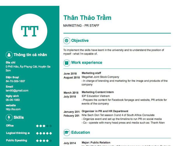 Mẫu CV MARKETING - PR STAFF