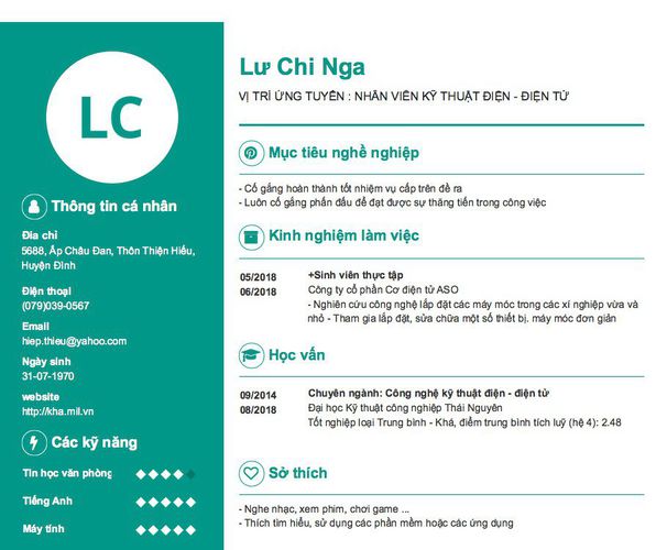 Gợi ý cách viết Mẫu CV tham khảo VỊ TRÍ ỨNG TUYỂN : NHÂN VIÊN KỸ THUẬT ĐIỆN - ĐIỆN TỬ