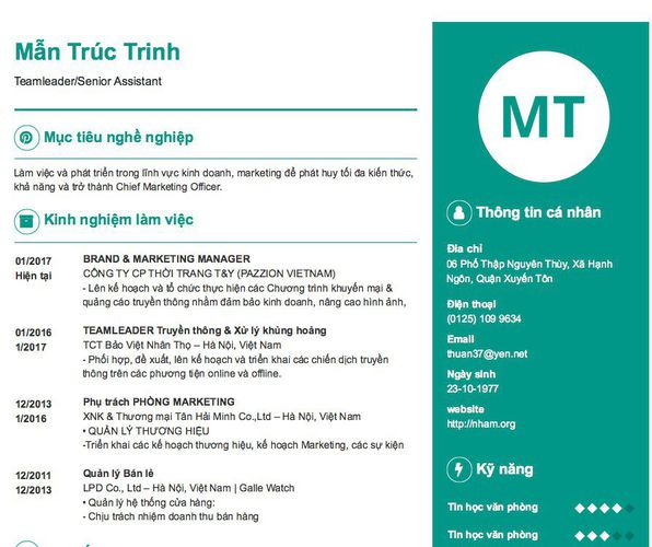 Mẫu CV Teamleader/Senior Assistant