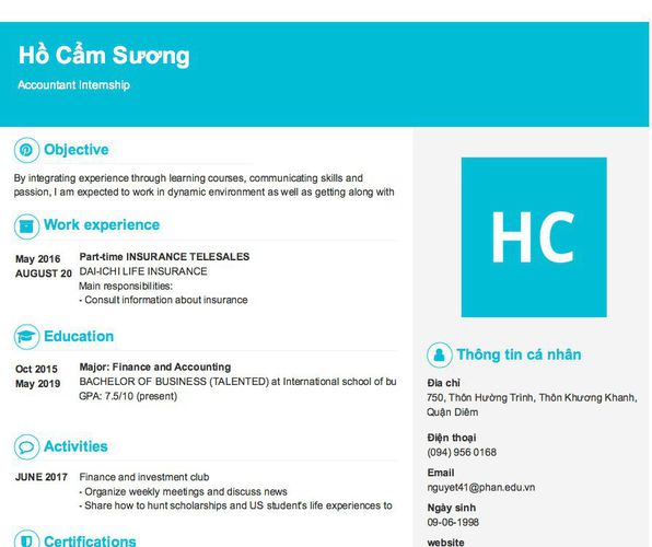 Mẫu CV Accountant Internship