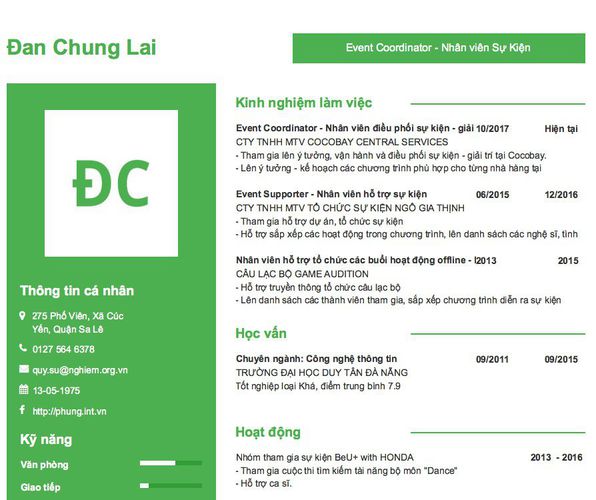 Mẫu CV Event Coordinator - Nhân viên Sự Kiện