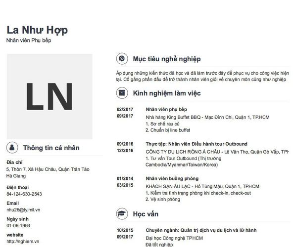 Mẫu CV Nhân viên Phụ bếp