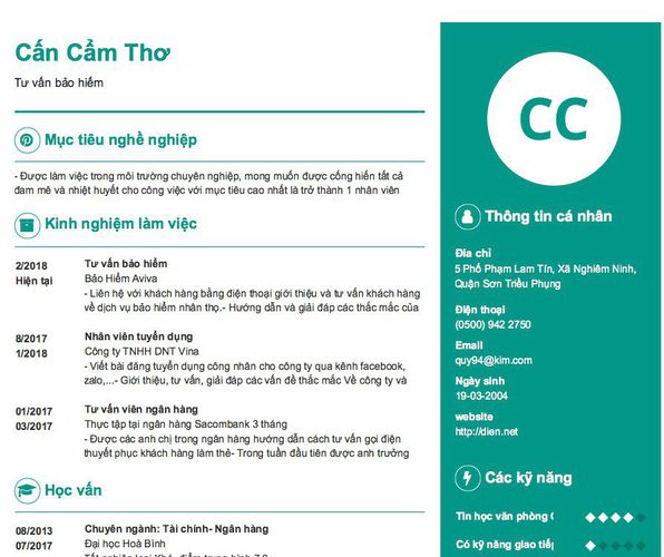 Mẫu CV Tư vấn bảo hiểm