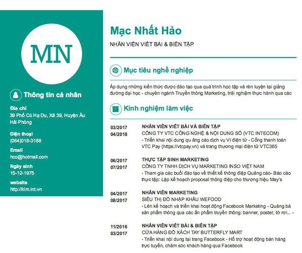 Mẫu CV NHÂN VIÊN VIẾT BÀI & BIÊN TẬP