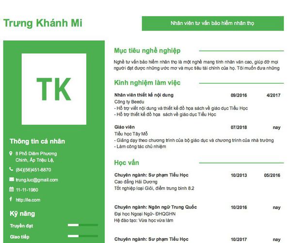 Mẫu CV Nhân viên tư vấn bảo hiểm nhân thọ