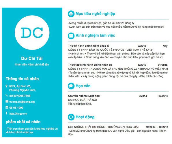 Mẫu CV Nhân viên Hành chính lễ tân