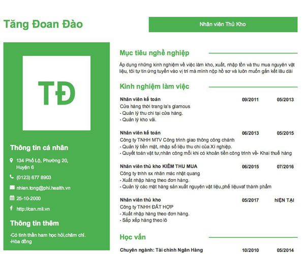 Mẫu CV Nhân viên Thủ Kho