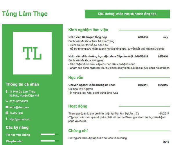 Gợi ý cách viết Mẫu CV tham khảo Điều dưỡng, nhân viên kế hoạch tổng hợp