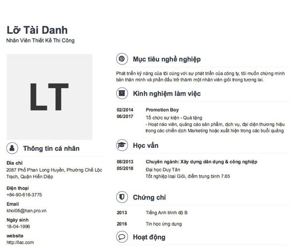 Mẫu CV Nhân Viên Thiết Kế Thi Công