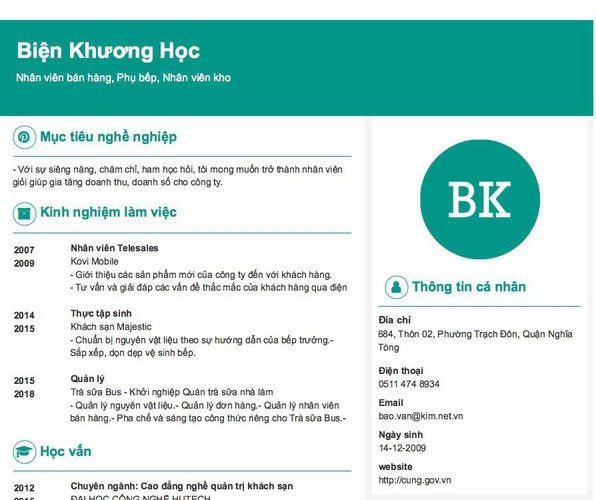 Mẫu CV Nhân viên bán hàng, Phụ bếp, Nhân viên kho