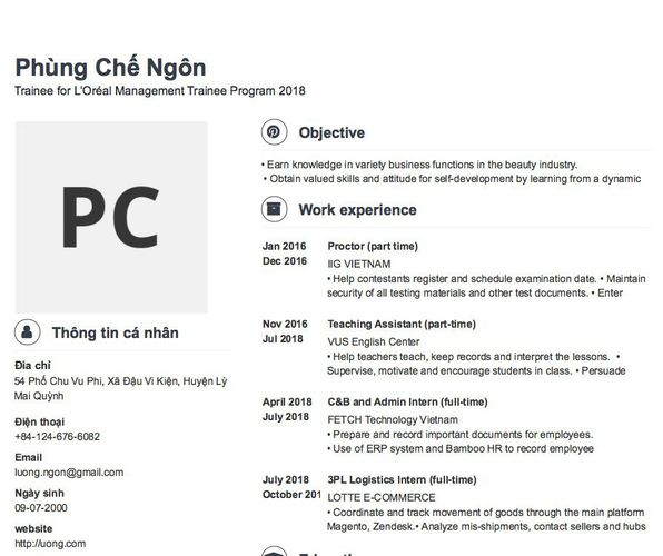 Mẫu CV Trainee for L’Oréal Management Trainee Program 2018