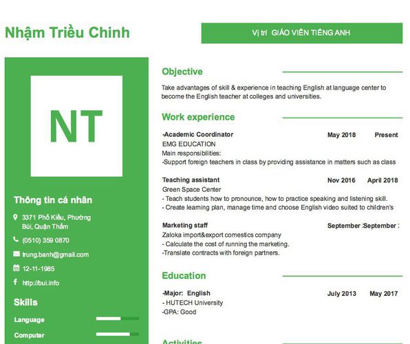 Mẫu CV Vị trí  GIÁO VIÊN TIẾNG ANH