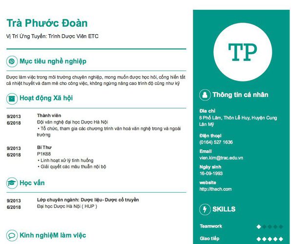 Gợi ý cách viết Mẫu CV tham khảo Vị Trí Ứng Tuyển: Trình Dược Viên ETC