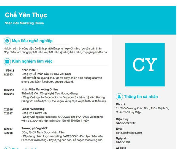 Mẫu CV Nhân viên Marketing Online